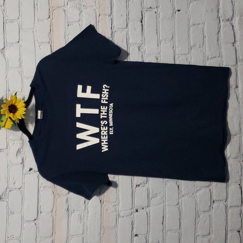 Fishing t-shirt "Where's the fish?" navy blue cotton Sz S